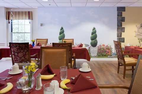 Dining room with tables covered in red tablecloths, set with cups, glasses, bananas, and folded napkins. Chairs with patterned upholstery surround the tables. A window with a striped valance lets in natural light. The wall features a mural of topiary plants and flowers.