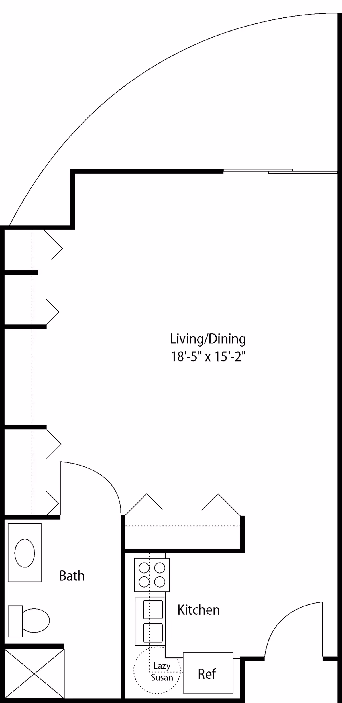 Floor plan of a living space at Cypress Village showing a combined living and dining area measuring 18 feet 5 inches by 15 feet 2 inches, a kitchen with stove, sink, refrigerator, and a lazy Susan cabinet, and a bathroom with a toilet, sink, and bathtub.