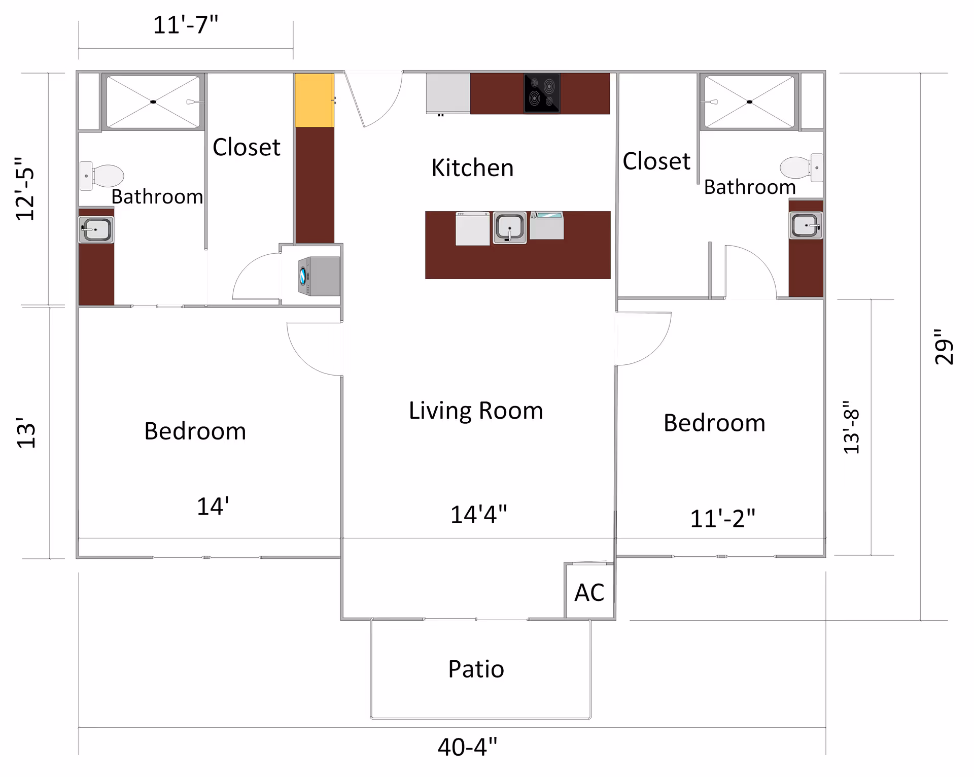 Floor plan of a living space at Beau Ridge at Oxford Farms showing two bedrooms, each with an attached bathroom and closet, a central kitchen with appliances and counters, a living room, and a patio. Dimensions for each room and overall layout measurements are included.