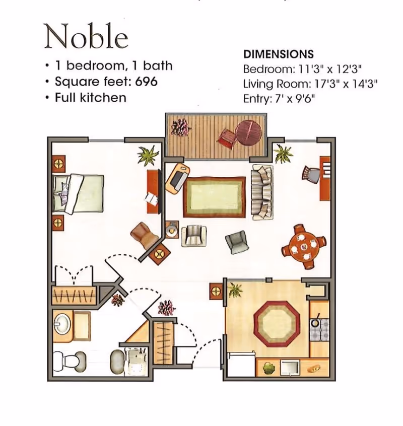 Floor plan of the Noble apartment at Woodland Village showing 1 bedroom, 1 bathroom, full kitchen, living room, and entry area with dimensions. The layout includes a bedroom with a bed and nightstands, a bathroom with a toilet, sink, and shower, a living room with sofa, chairs, and a rug, a dining area with a round table and chairs, and a kitchen with appliances and cabinets. There is also a small outdoor patio with a table and chairs.