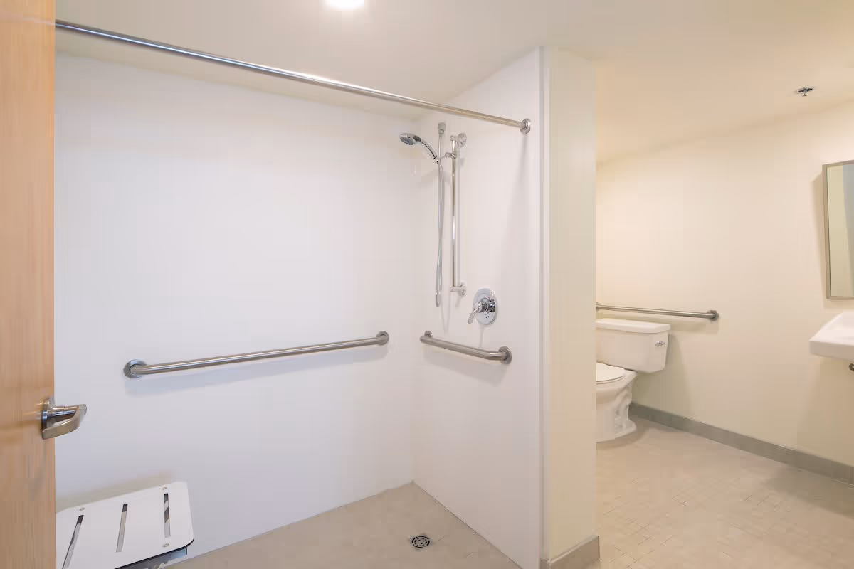 Accessible bathroom with a roll-in shower, grab bars, a fold-down shower seat, handheld showerhead, toilet and sink.