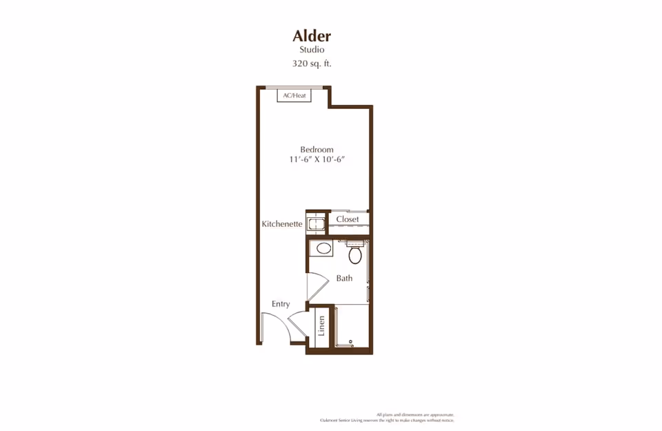 Floor plan of Alder studio apartment at Oakmont of Escondido Hills, showing a 320 sq. ft. layout with a bedroom area measuring 11 feet 6 inches by 10 feet 6 inches, a kitchenette, closet, bathroom, linen closet, and entry door.