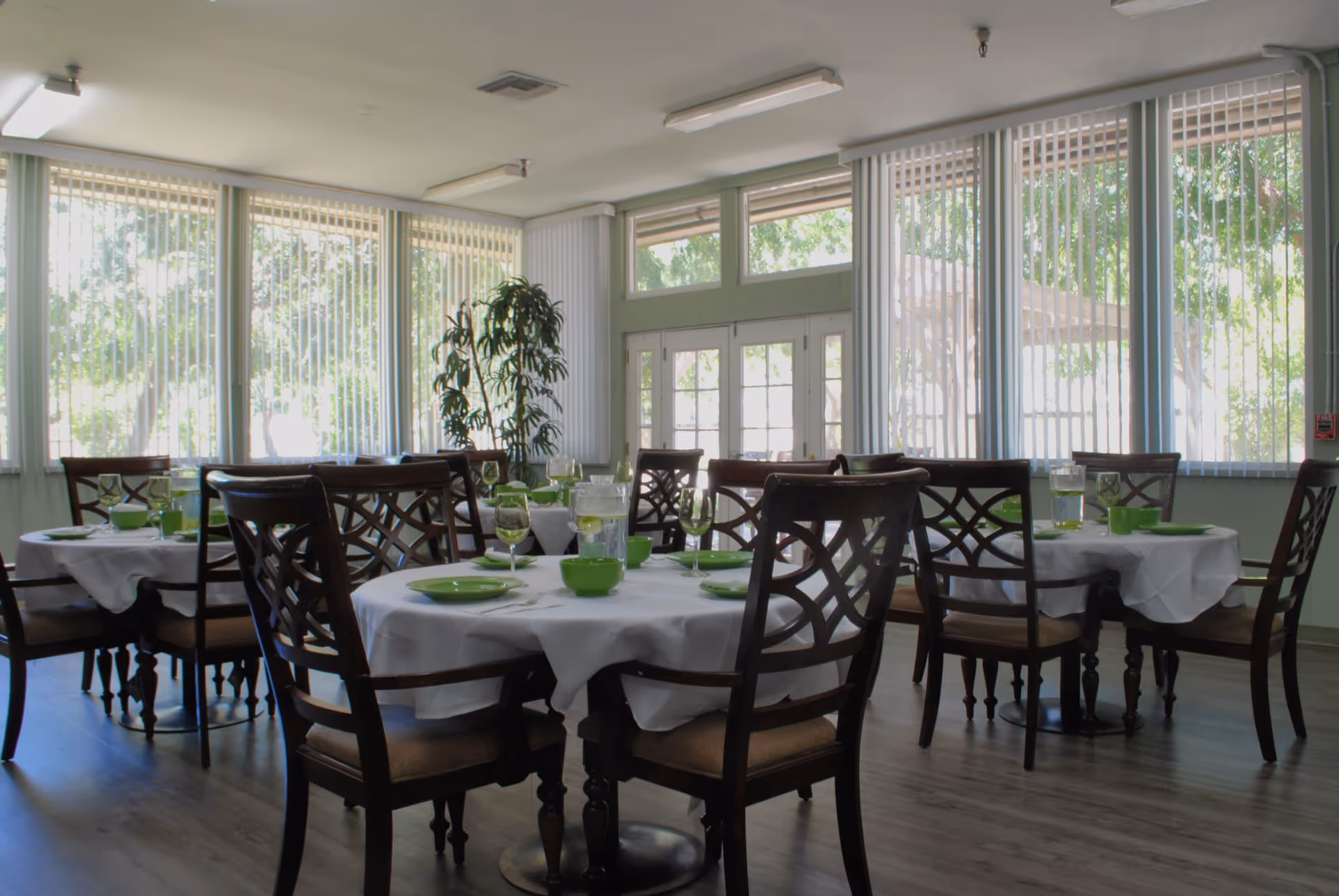 A bright dining room with several round tables covered with white tablecloths, each set with green plates, bowls, and glasses. Wooden chairs with cushioned seats surround the tables. Large windows with vertical blinds allow natural light to fill the room, and a tall potted plant is visible near the windows.