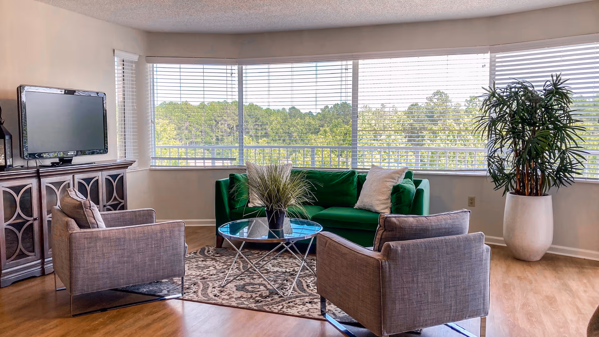 A bright living room with large windows showing a view of green trees outside. The room features a green sofa with a white pillow, two gray armchairs, a round glass coffee table with a plant on it, a patterned rug, a wooden TV stand with a flat-screen TV, and a large potted plant in the corner.