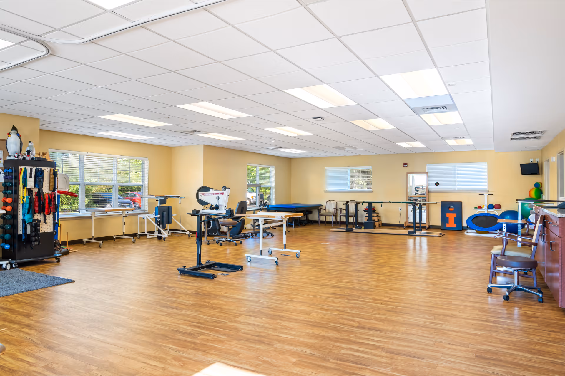 A spacious rehabilitation or physical therapy room with wooden flooring, exercise equipment, parallel bars, therapy tables, and various therapy tools organized on racks. The room has large windows letting in natural light and yellow walls.