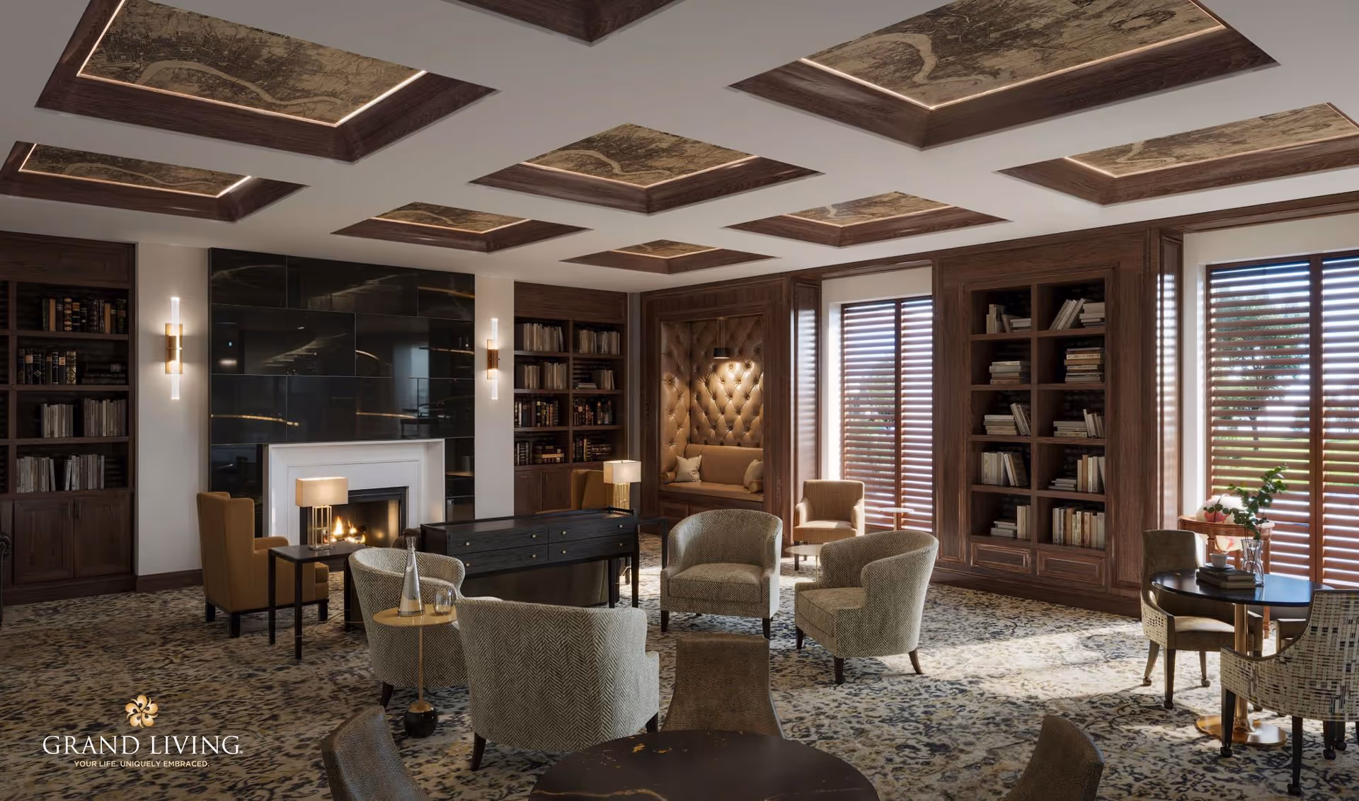 A cozy and elegant living room with multiple armchairs arranged around small tables, a fireplace with a black tiled surround, built-in wooden bookshelves filled with books, large windows with wooden blinds, and decorative ceiling panels with lighting.