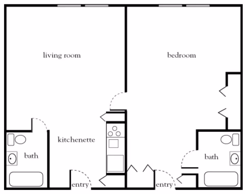 Black and white architectural floor plan showing a living room, bedroom, kitchenette, and two bathrooms. The layout includes two entries, one leading into the kitchenette and the other into the bedroom area.