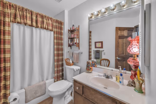 Bathroom with a sink and vanity, toilet, bathtub behind plaid shower curtains, large mirror, and a decorative lamp on the counter.