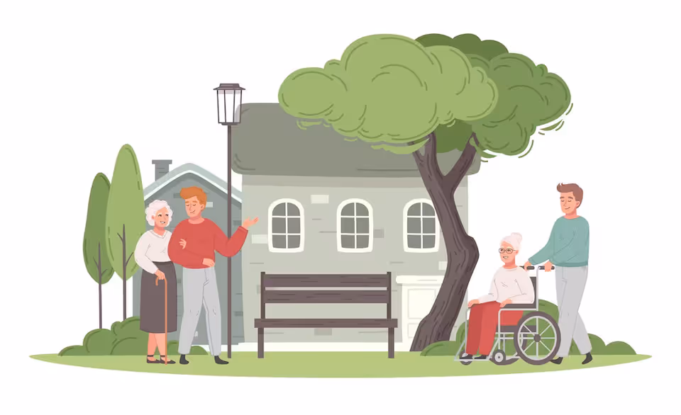 Illustration of two elderly women outdoors near a small house with trees and a bench. One elderly woman is standing with a cane and talking to a younger man, while the other elderly woman is sitting in a wheelchair being pushed by another younger man.