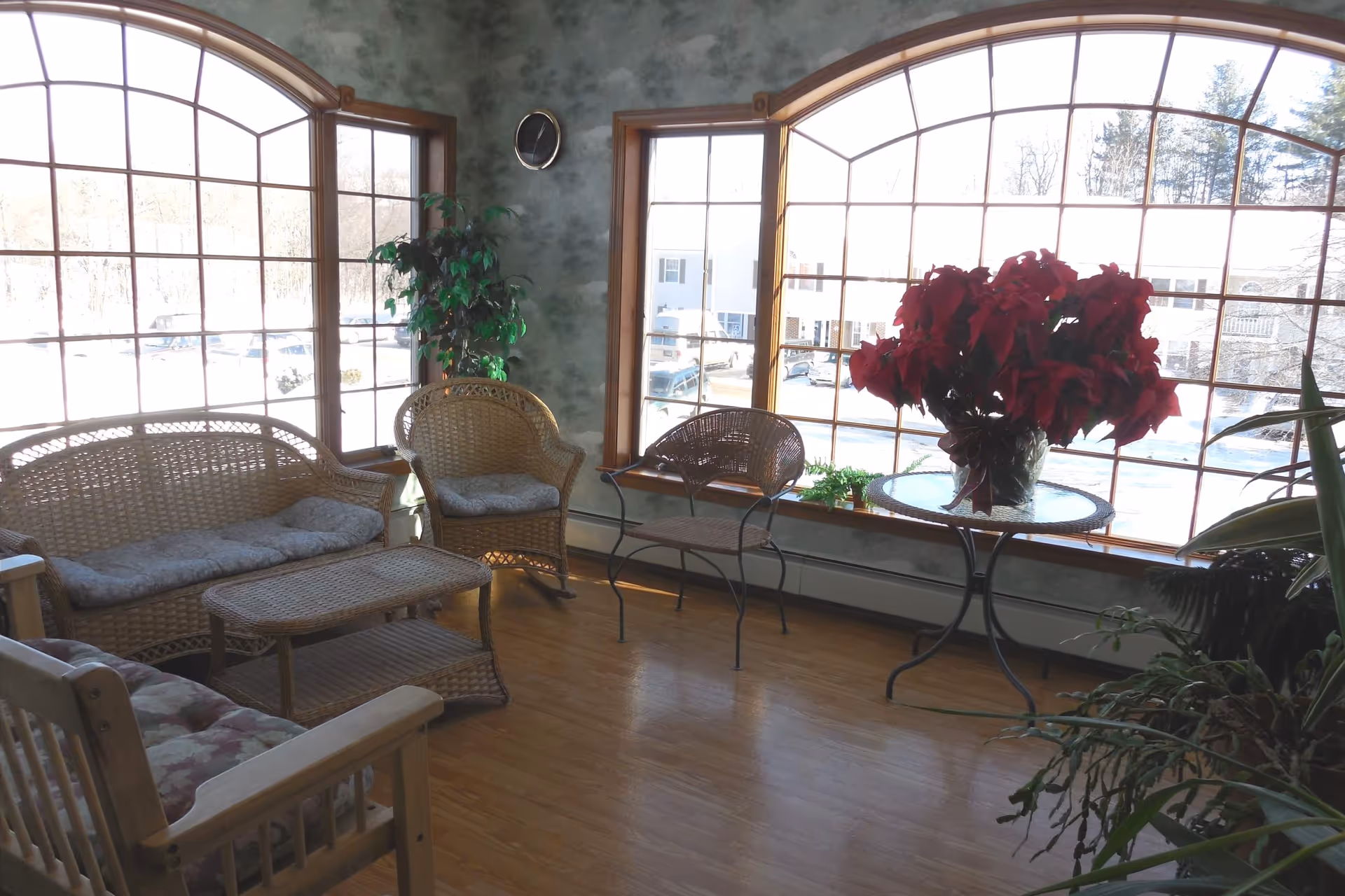 A sunlit sitting area with large arched windows showing an outdoor view. The room features wicker furniture including a loveseat, two chairs, and a coffee table. There is a glass-top table with a large red poinsettia plant and several other green plants around the room. The floor is wooden, and the walls have a textured greenish finish.