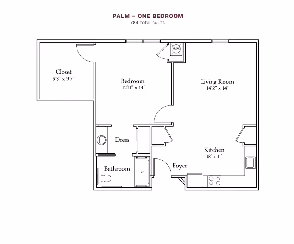 Floor plan layout of a one-bedroom apartment named Palm with a total area of 784 square feet. The plan includes a bedroom measuring 12 feet 11 inches by 14 feet, a closet, a bathroom, a dressing area, a living room measuring 14 feet 2 inches by 14 feet, a kitchen measuring 18 feet by 11 feet, and a foyer. HVAC is also indicated near the living room.