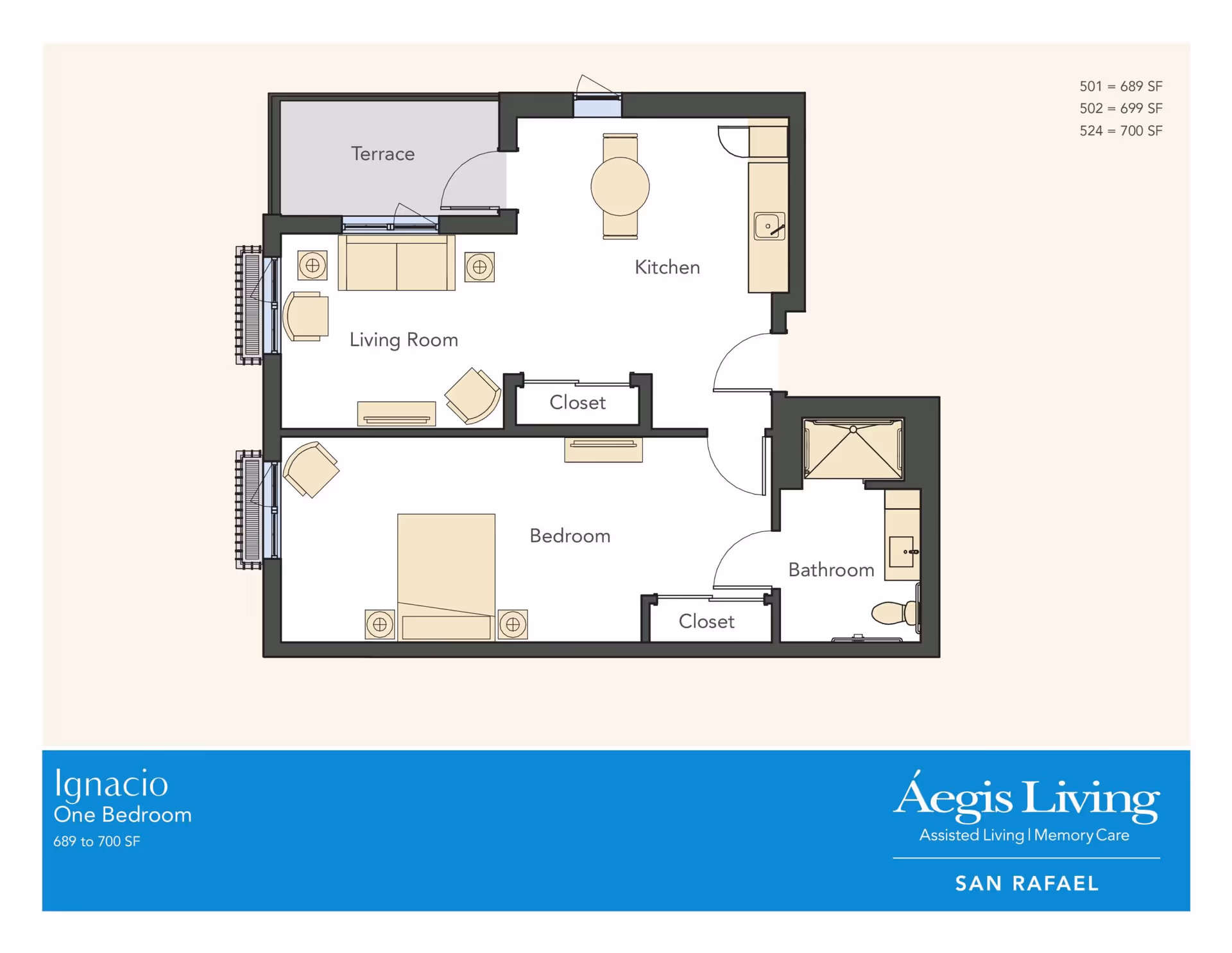 Floor plan of a one-bedroom apartment showing a living room, kitchen, bedroom, bathroom, closets and a terrace, branded for Aegis Living San Rafael.