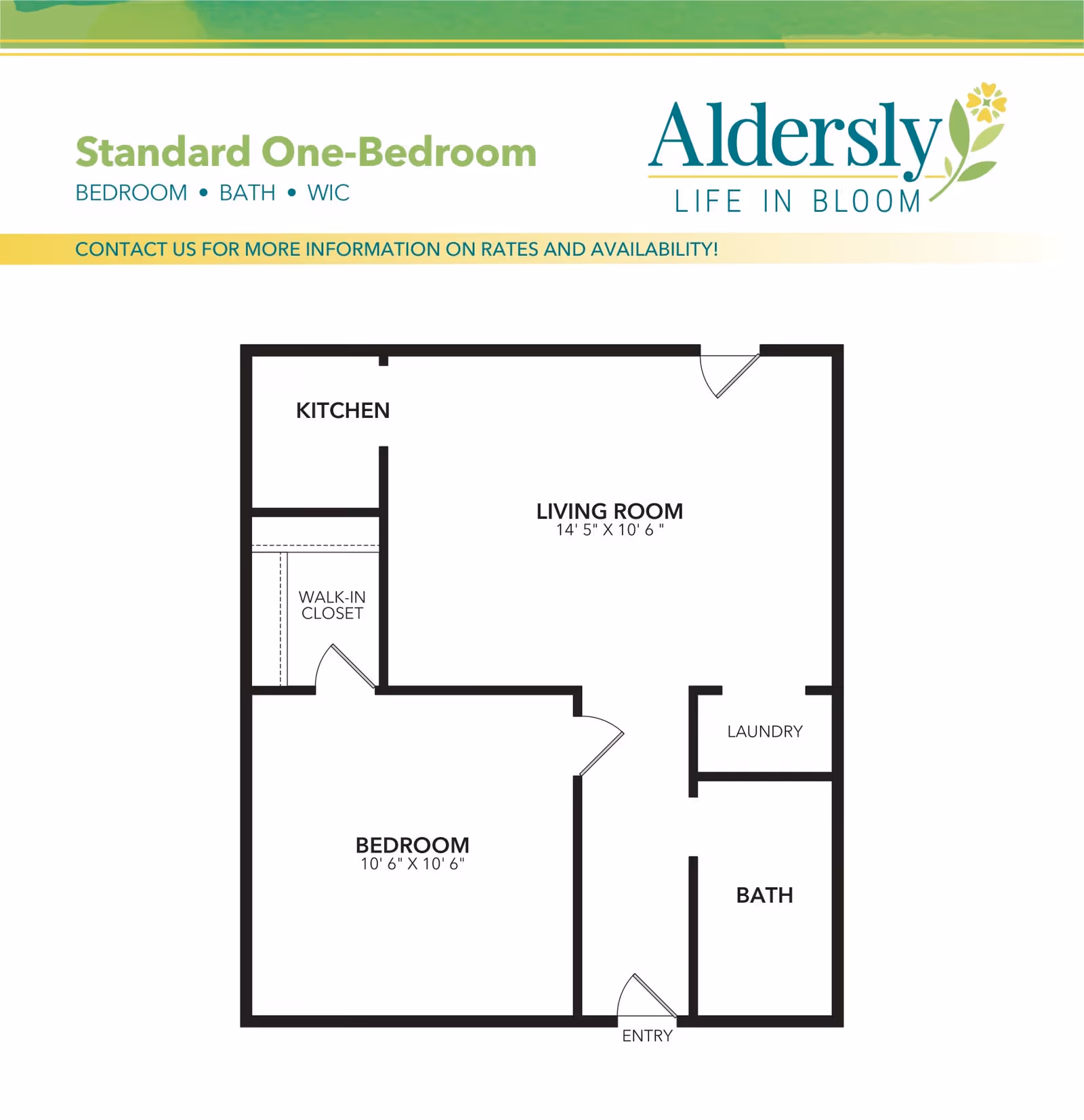 Floor plan of a standard one-bedroom apartment at Aldersly showing a kitchen, living room, bedroom with walk-in closet, laundry area, and bathroom. The living room measures 14'5" by 10'6" and the bedroom measures 10'6" by 10'6".