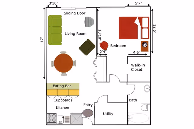 Floor plan of a one-bedroom apartment at Highland Cove Retirement showing a living room with a sliding door, kitchen with eating bar and cupboards, a bedroom with a walk-in closet, a bathroom, utility room, and entry area.