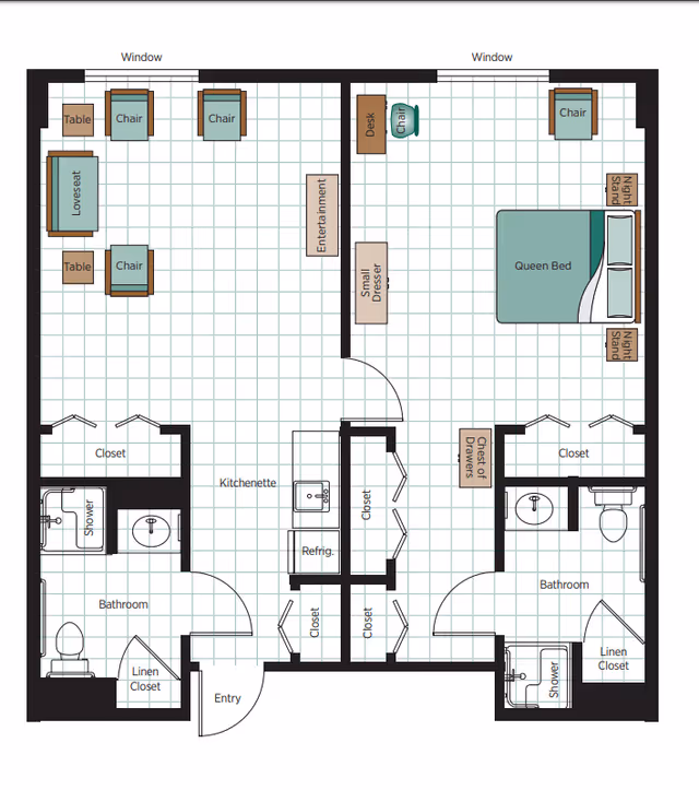 Floor plan of a senior living unit at Belmont Village Senior Living West Lake Hills showing two bedrooms each with a queen bed, nightstands, closets, and bathrooms with showers. The central area includes a kitchenette with refrigerator and sink, closets, and a living room area with loveseat, chairs, tables, and entertainment center.