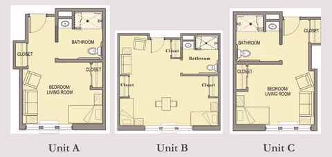 Three labeled apartment floor plans (Unit A, Unit B, Unit C) showing layouts with bedroom/living room areas, bathrooms, and closets.