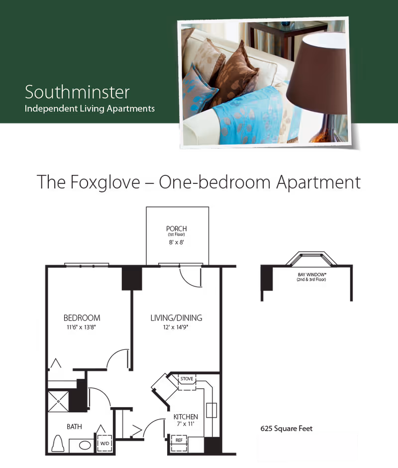 Floor plan layout of The Foxglove one-bedroom apartment at Southminster Independent Living Apartments, showing bedroom, living/dining area, kitchen, bath, porch, and bay window with dimensions.