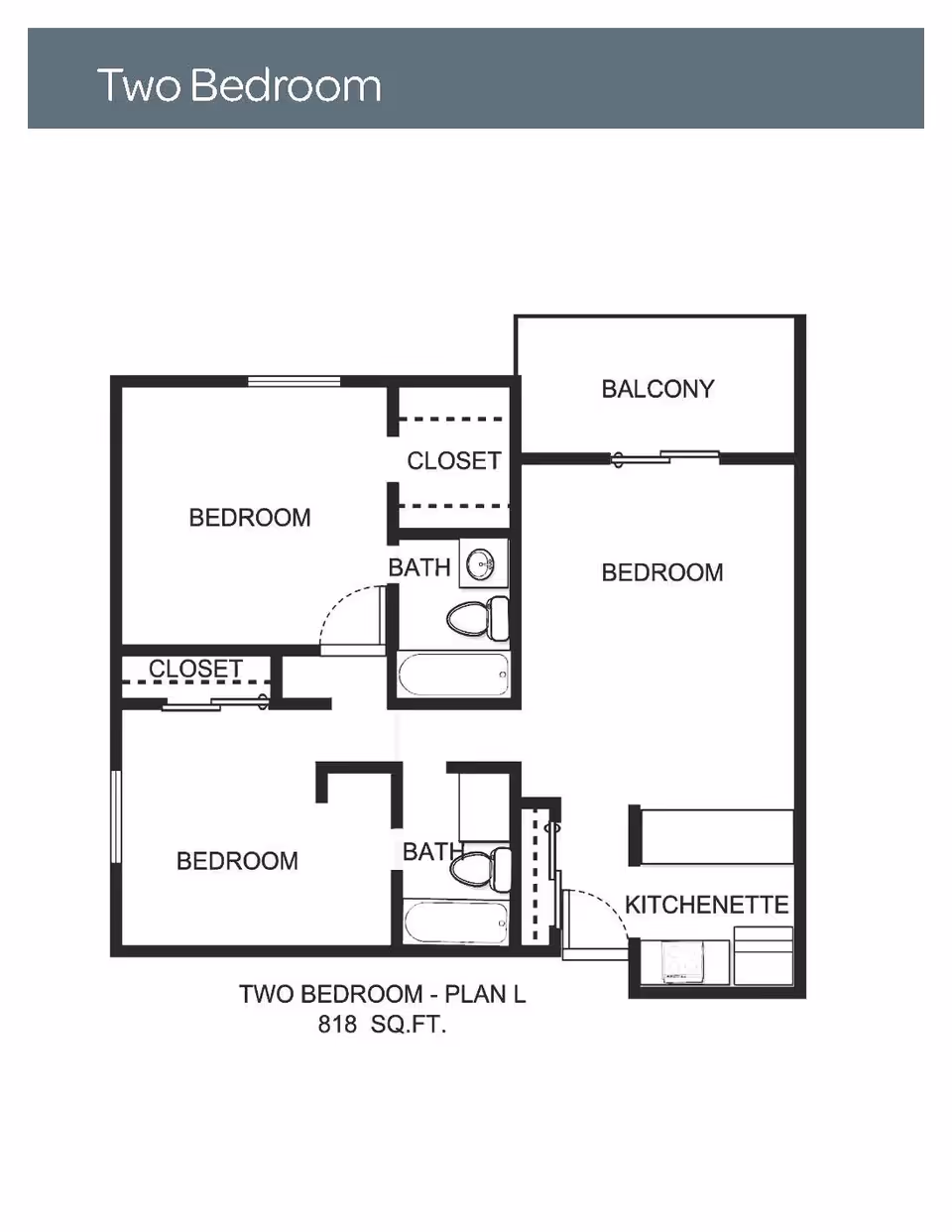 Floor plan labeled Two Bedroom showing two bedrooms, two bathrooms, closets, a kitchenette, and a balcony. The total area is 818 square feet.