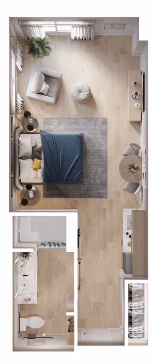 Top-down view of a senior living studio apartment featuring a living and sleeping area with a bed, sofa, armchair, round ottoman, side tables, a small dining table with two chairs, and a kitchen area with appliances. The apartment also includes a bathroom with a toilet, sink, and shower. Light wood flooring and neutral decor create a cozy atmosphere.
