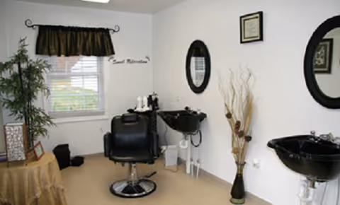 Small salon room with a styling chair, two shampoo bowls, round mirrors, and decorative plants.
