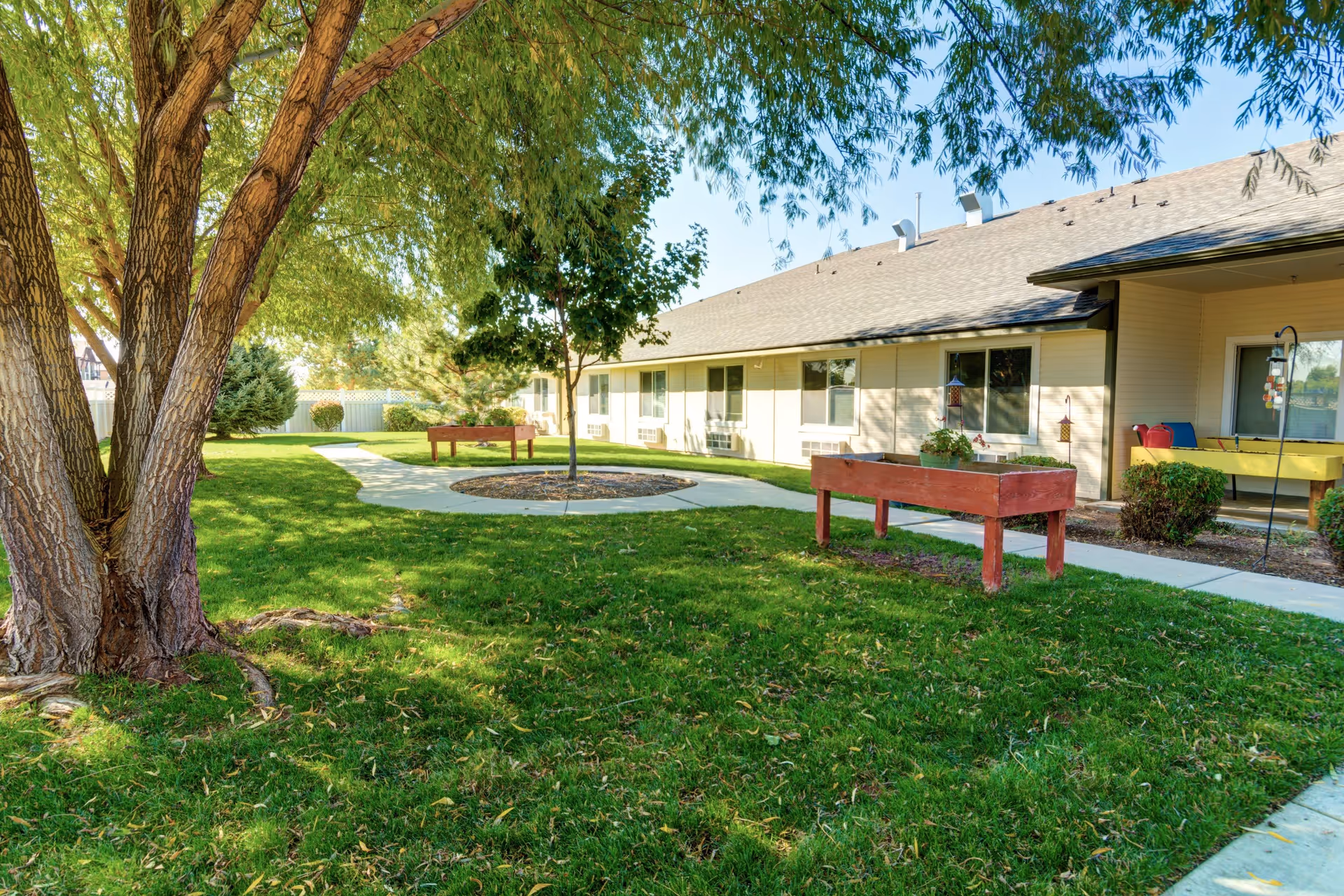 A sunny outdoor garden area at Overland Court Senior Living featuring a large tree with multiple trunks, green grass, a circular concrete pathway surrounding a small tree, raised garden beds, and a single-story building with several windows in the background.