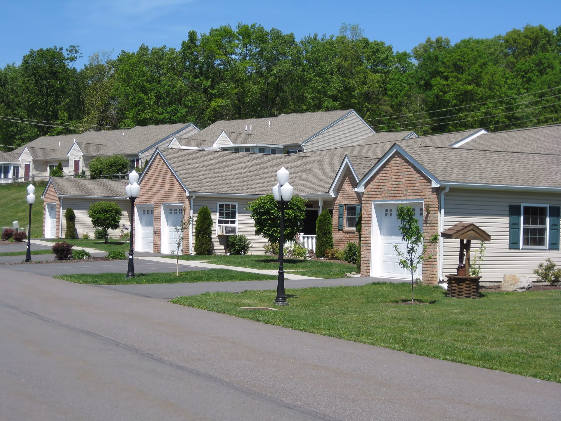 Row of single-story residential buildings with garages, lamp posts, small trees, and well-maintained lawns under a clear blue sky with green trees in the background.