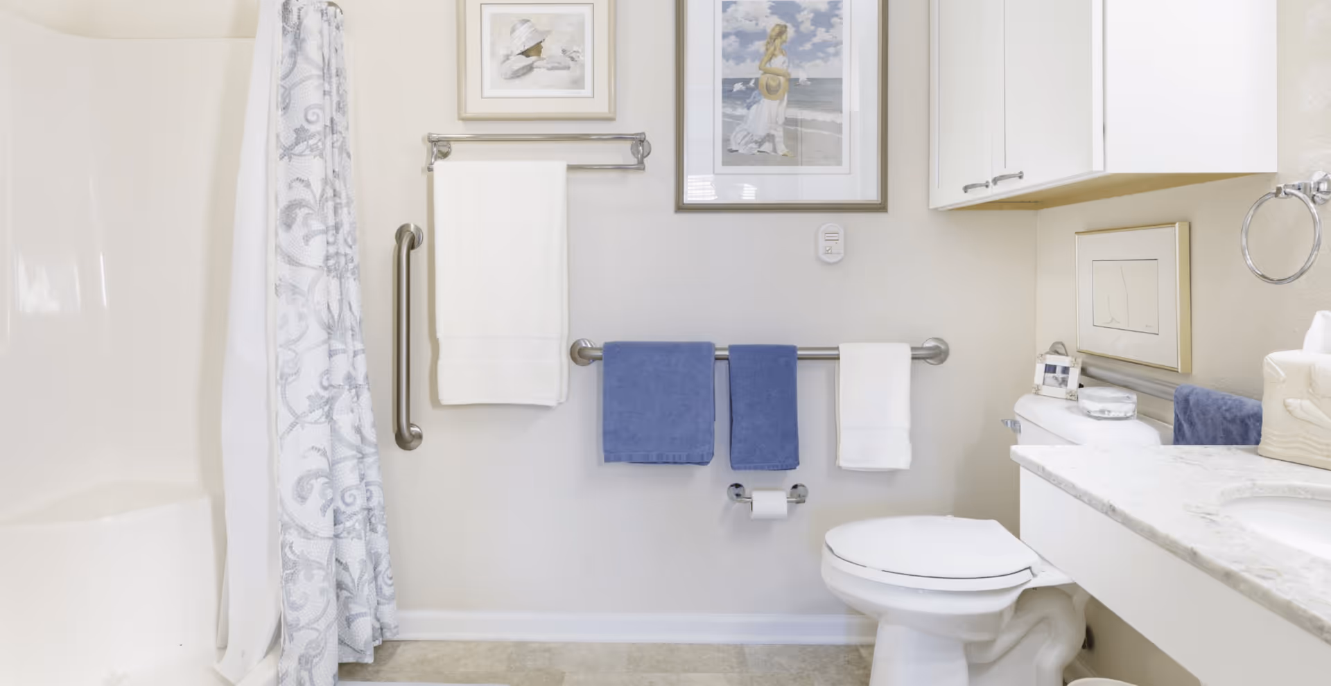 Well-lit accessible bathroom with a shower/tub, toilet, sink and countertop, grab bars, and neatly hung towels.