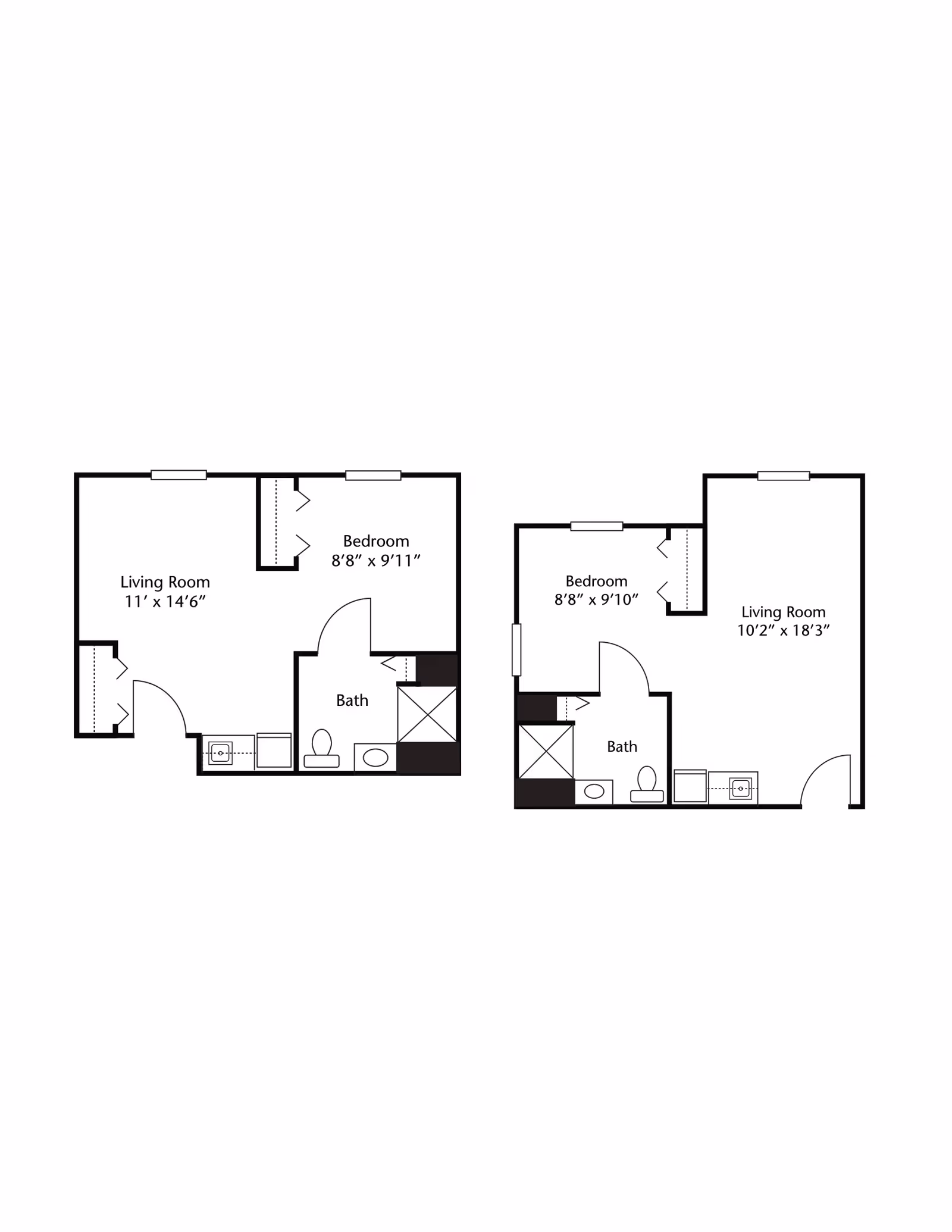 Architectural floor plan showing two apartment layouts from Brookdale Hillsborough, each with a living room, bedroom, bathroom, and kitchen area. Dimensions for each room are indicated.