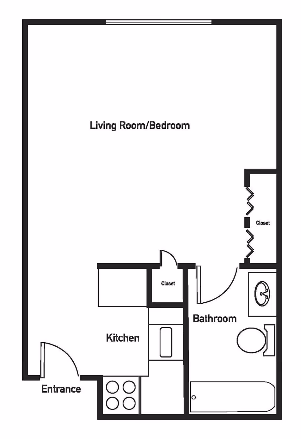 Floor plan of a studio apartment at Brookstone Estates of Paris showing an entrance leading to a kitchen area, a combined living room and bedroom space, a bathroom with a bathtub, toilet, and sink, and two closets.