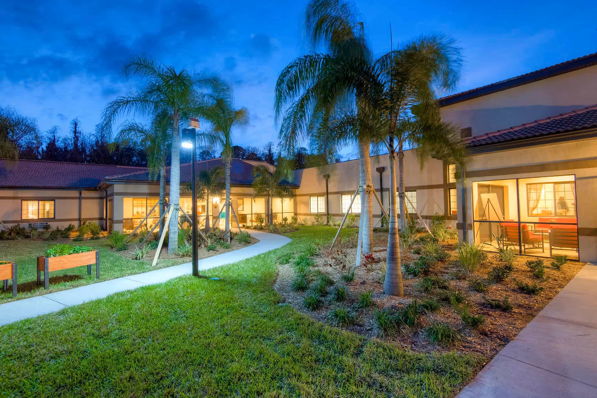 Evening view of a landscaped courtyard at Inspired Living Sun City Center with palm trees, green grass, a curved concrete walkway, and a building with large windows illuminated from inside.