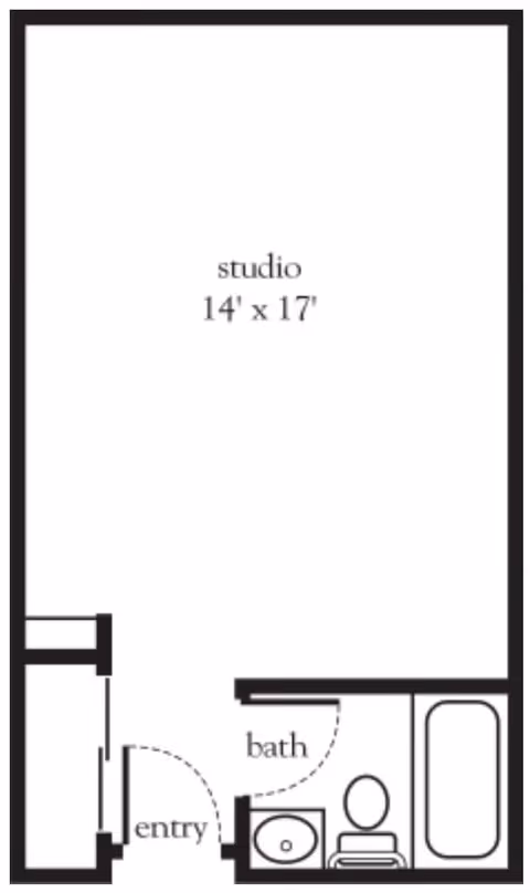 Floor plan of a studio apartment measuring 14 feet by 17 feet, showing an entry area leading to a bathroom with a sink, toilet, and bathtub.