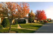 Exterior view of Cross Keys Village campus with autumn trees, walkway, and road.