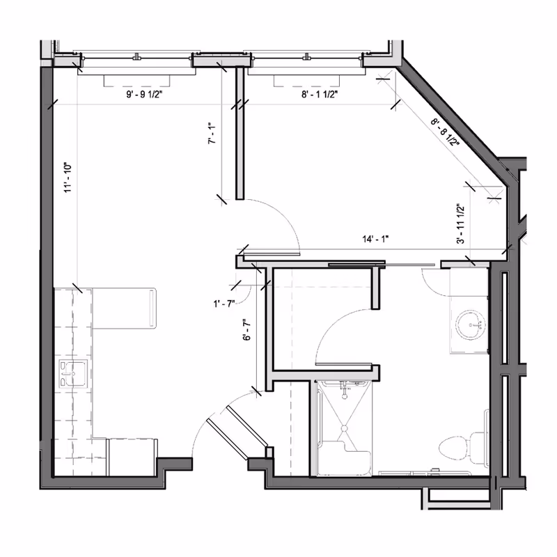 Black-and-white architectural floor plan of a small apartment unit showing a kitchen, bathroom, closets, and room dimensions.