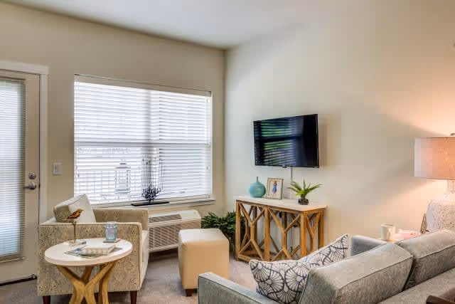 A cozy living room with a gray sofa adorned with patterned pillows, a beige armchair next to a round wooden side table holding a glass and a decorative bird, a small ottoman, a wooden console table with decorative items including a framed photo, a vase, and a plant, and a wall-mounted flat-screen TV. The room has a window with blinds and a door with frosted glass panels.