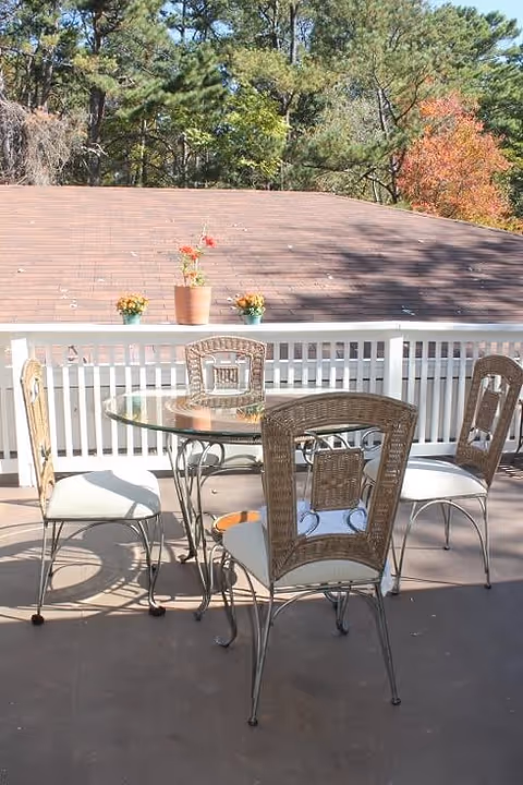 Outdoor patio area with a round glass-top table and four wicker and metal chairs. Three small potted plants with flowers are placed on a white railing behind the table. Trees with green and autumn-colored leaves are visible in the background.