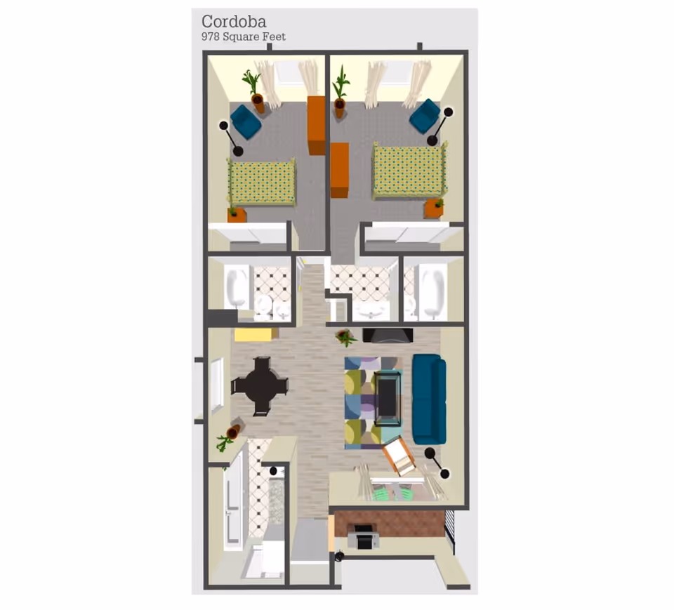 Floor plan of a 978 square feet apartment named Cordoba, showing two bedrooms each with a bed, nightstand, chair, and lamp. The layout includes two bathrooms, a living room with a sofa, chair, coffee table, and TV, a dining area with a round table and four chairs, a kitchen, and a small outdoor patio area.