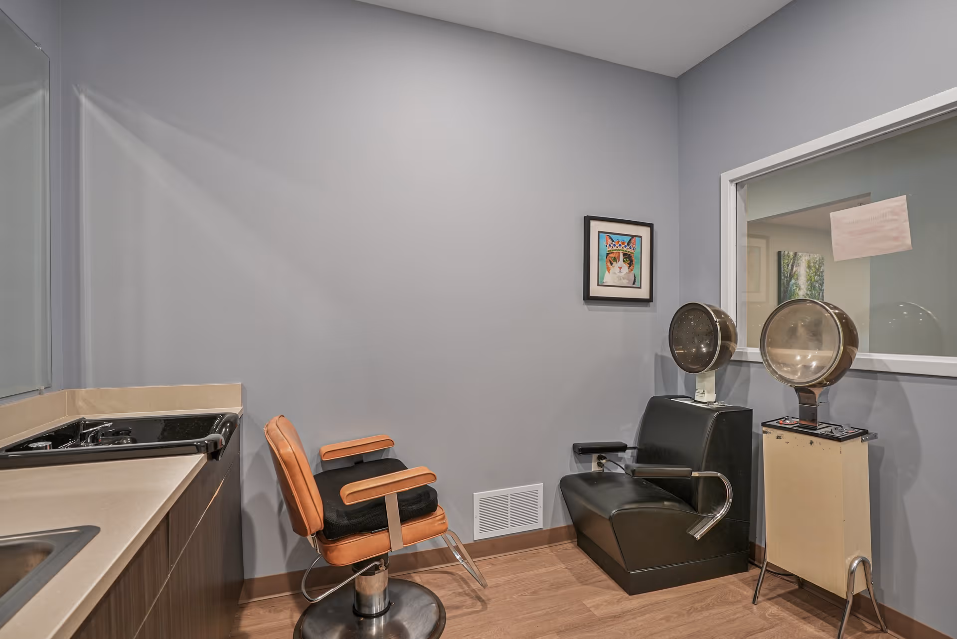 Interior view of a small salon or hair styling area with a brown and black salon chair, a black hair dryer chair with a hooded dryer, a countertop with a sink, and a framed picture of a cat on the gray wall.