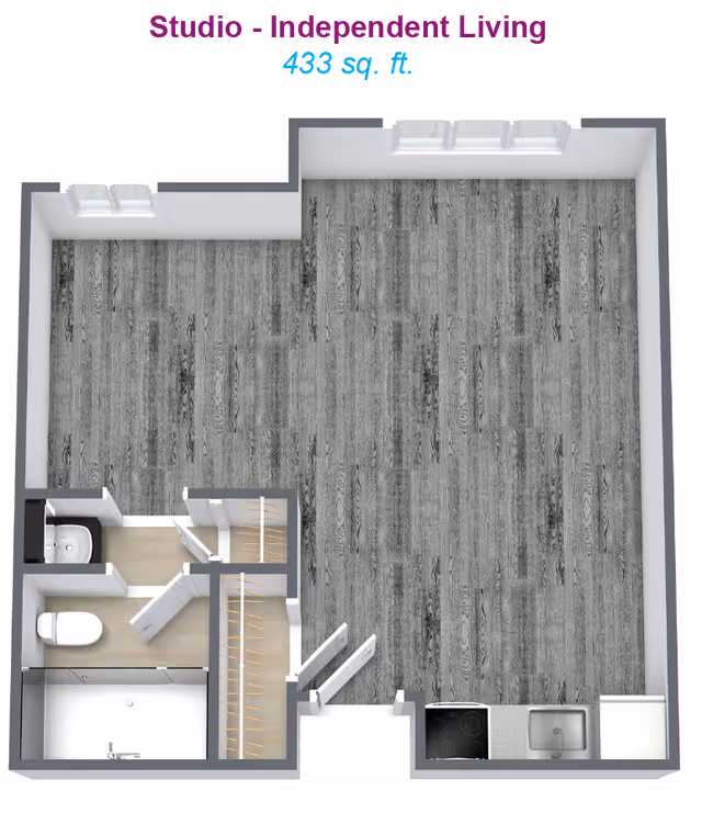 3D floor plan of a 433 sq. ft. studio showing a large open living area with a kitchenette, bathroom, shower, and closets.