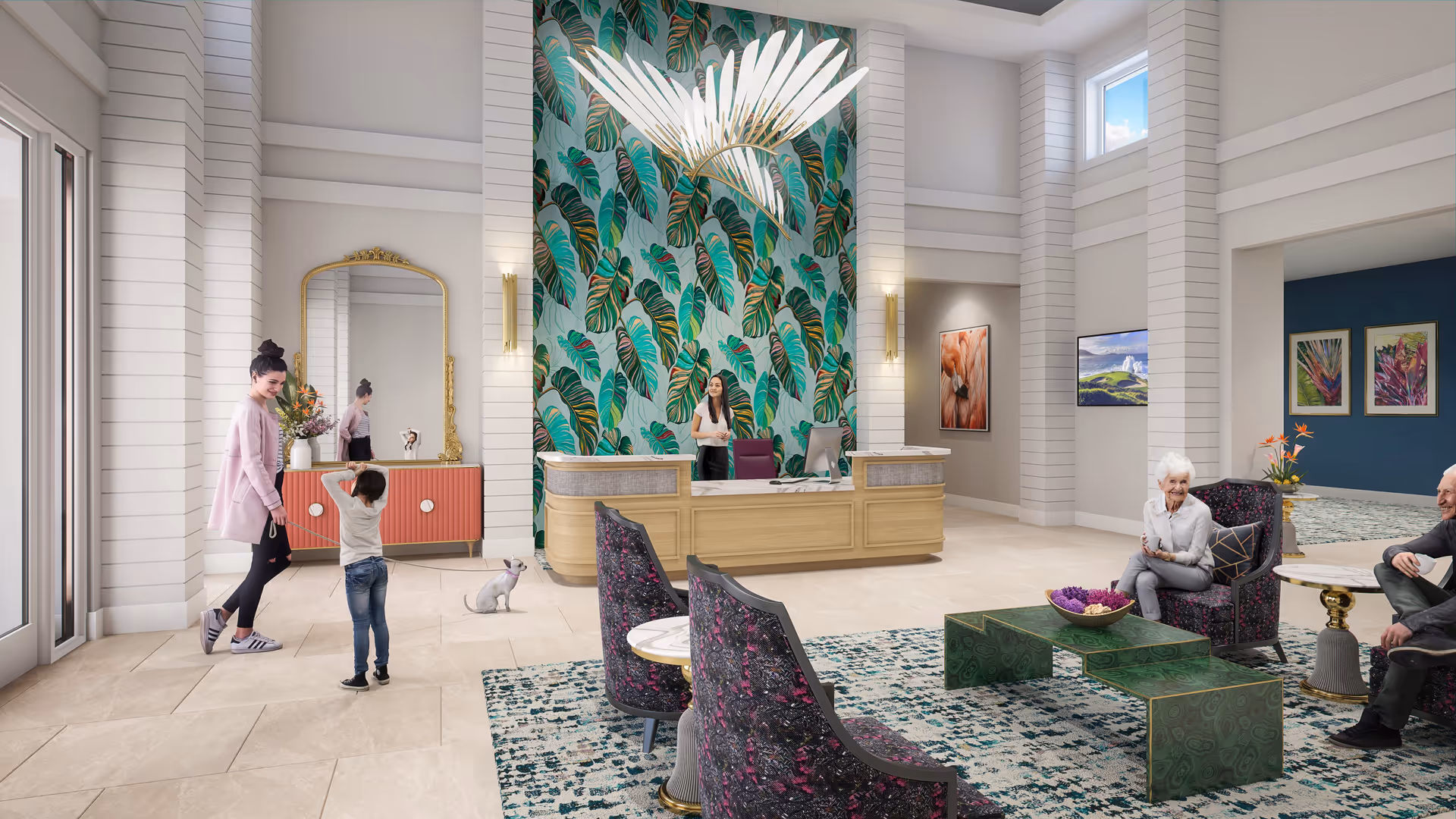 Bright, high-ceilinged senior living lobby with a reception desk, tropical leaf feature wall, seating area and people interacting.