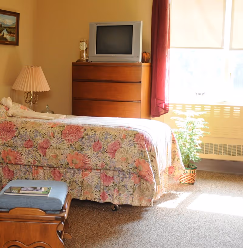 A cozy bedroom with a bed covered in a floral bedspread, a wooden dresser with a small TV on top, a table lamp with a pleated shade, a framed painting on the wall, a small wooden bench with a cushion and magazines, and a window with red curtains letting in sunlight illuminating a potted plant on the floor.