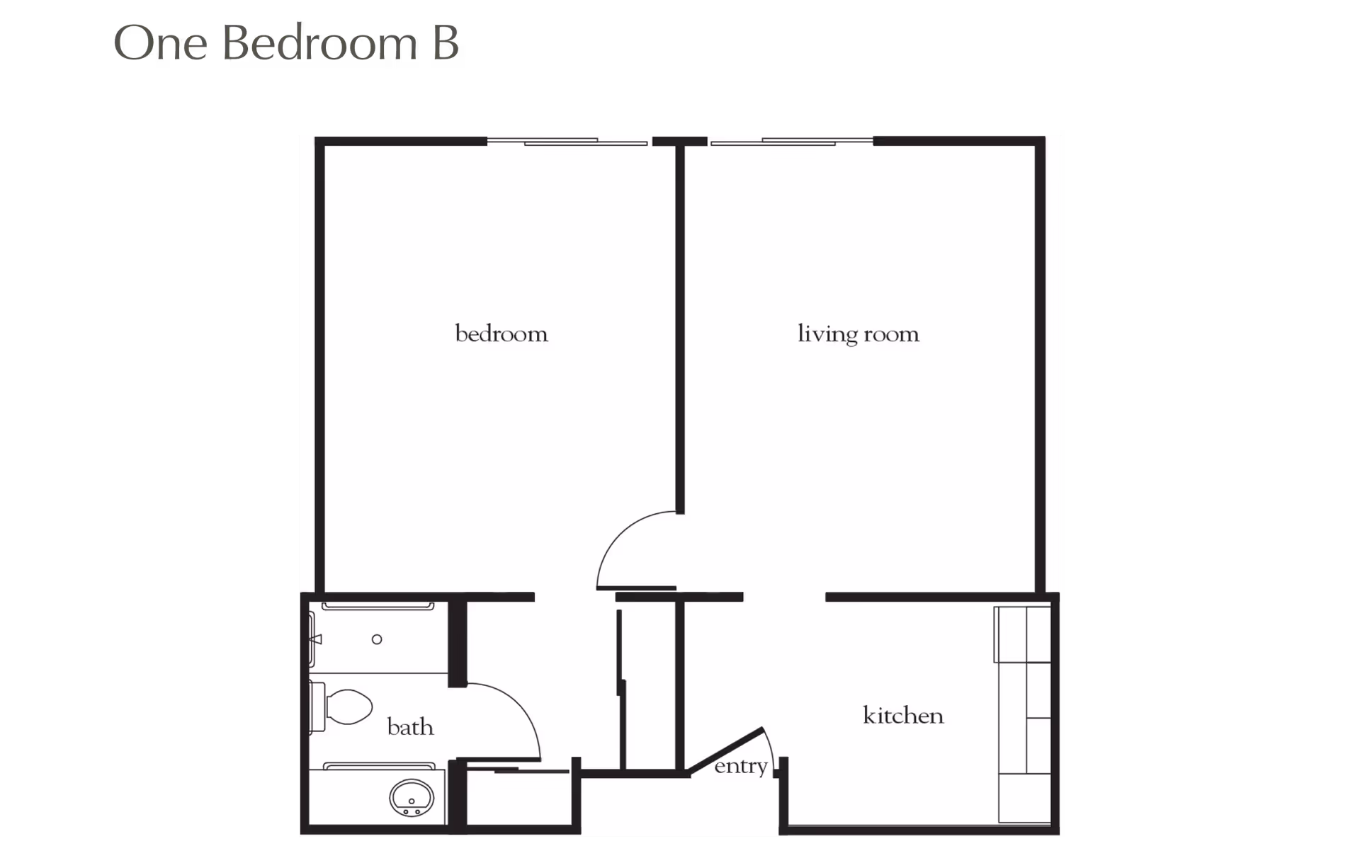 Floor plan labeled One Bedroom B showing a layout with a bedroom, living room, kitchen, bath, and entry area.