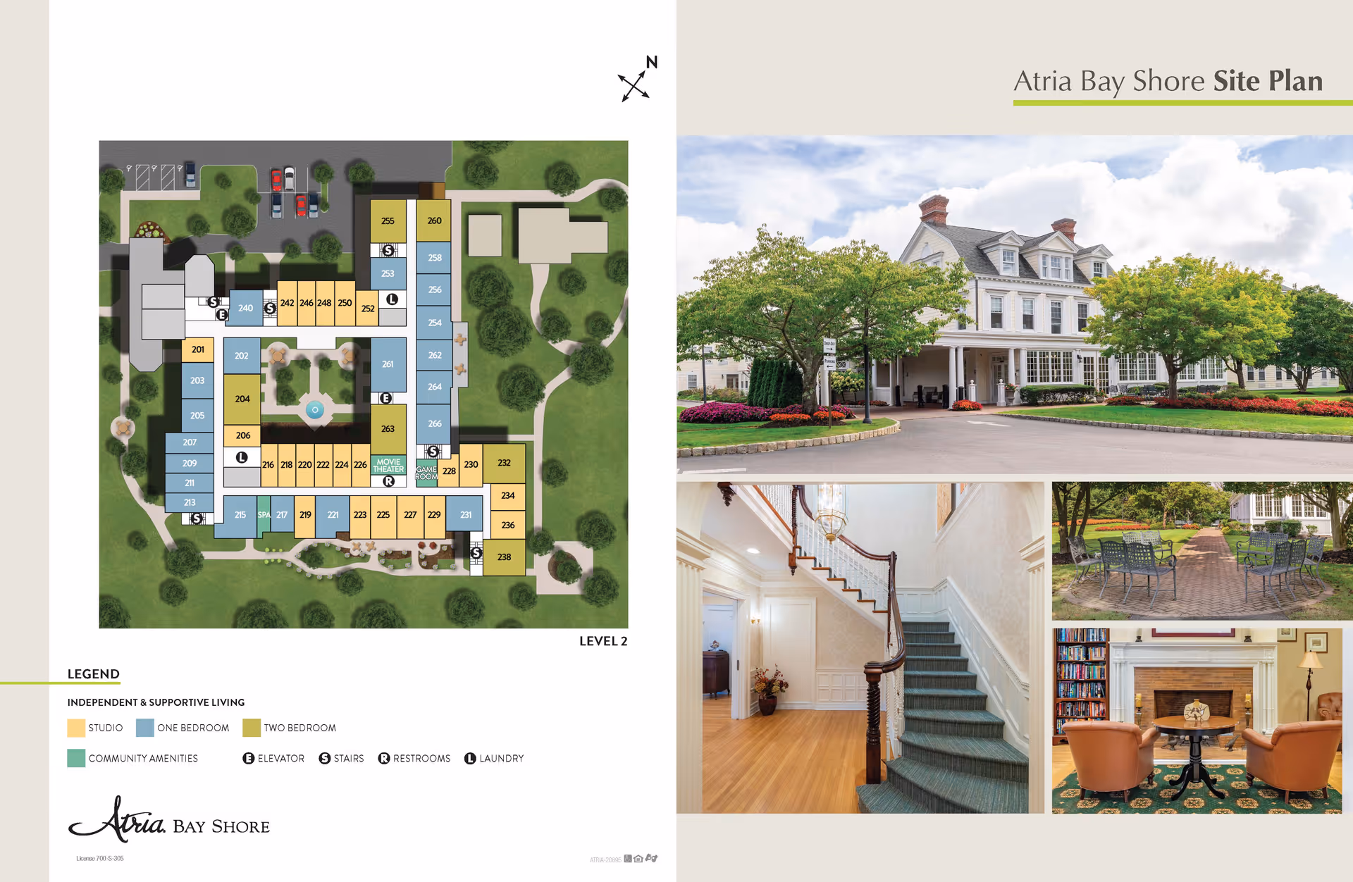 Atria Bay Shore site plan showing the layout of independent and supportive living units on level 2, with color-coded studio, one-bedroom, and two-bedroom apartments, community amenities, elevators, stairs, restrooms, and laundry areas. To the right, there are four photos: the front exterior of a large white building with a porch and landscaped gardens, an indoor staircase with a wooden banister and green carpet runner, an outdoor patio area with tables and chairs surrounded by trees, and a cozy indoor seating area with two orange chairs, a small table, a fireplace, and bookshelves.