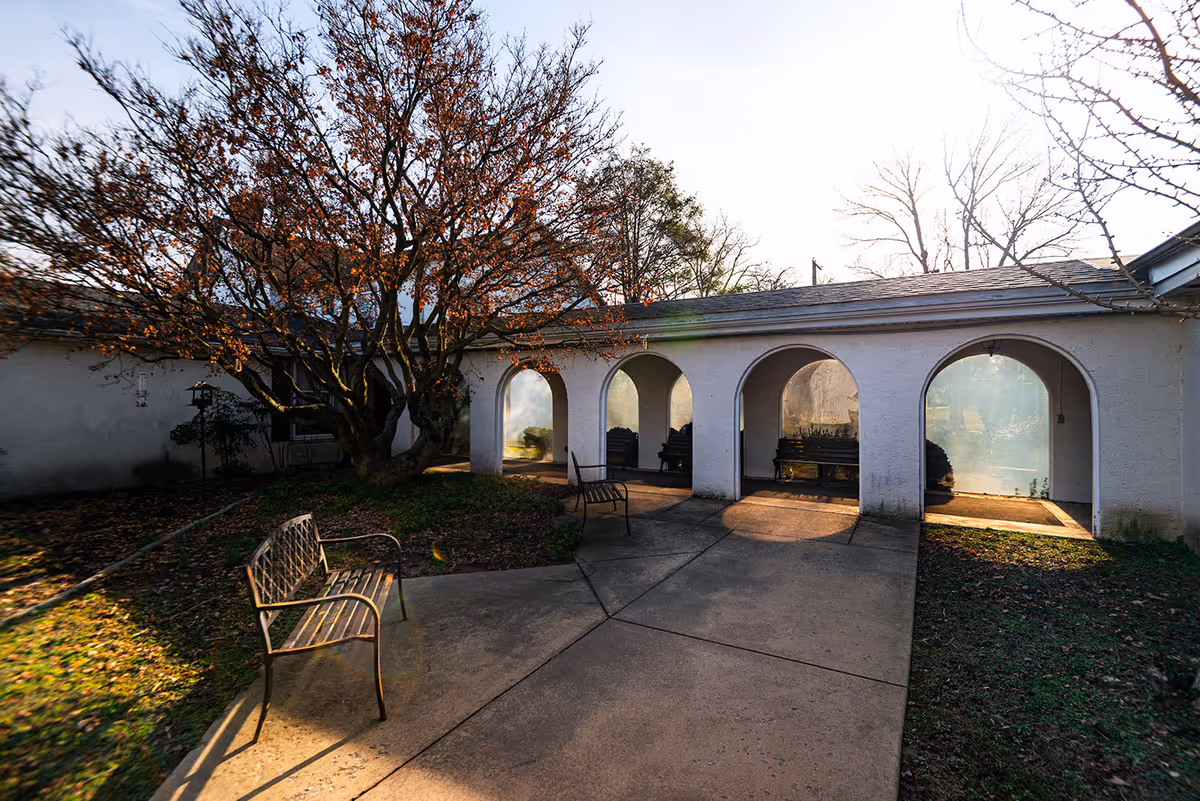 A sunlit courtyard with arched walkways, benches, and a large tree beside a single-story building.