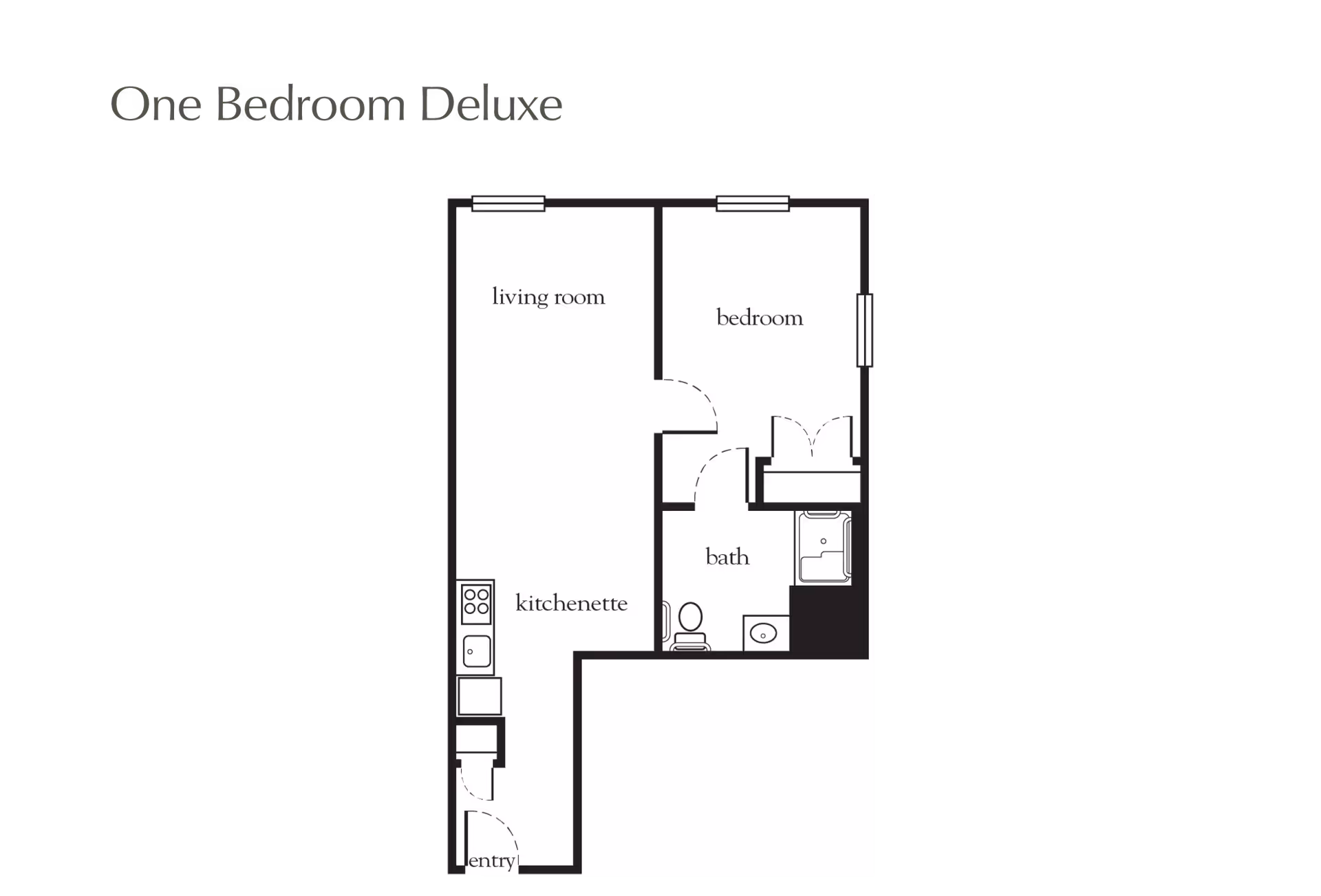 Black-and-white floor plan titled 'One Bedroom Deluxe' showing a living room, bedroom, kitchenette, entry, and bath.