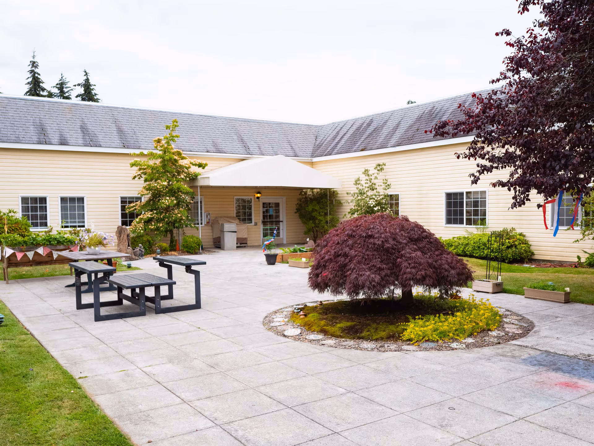 Outdoor courtyard area of a senior living facility with a paved patio, picnic tables, a small landscaped circular garden with a red-leafed tree, and a beige building with multiple windows in the background.