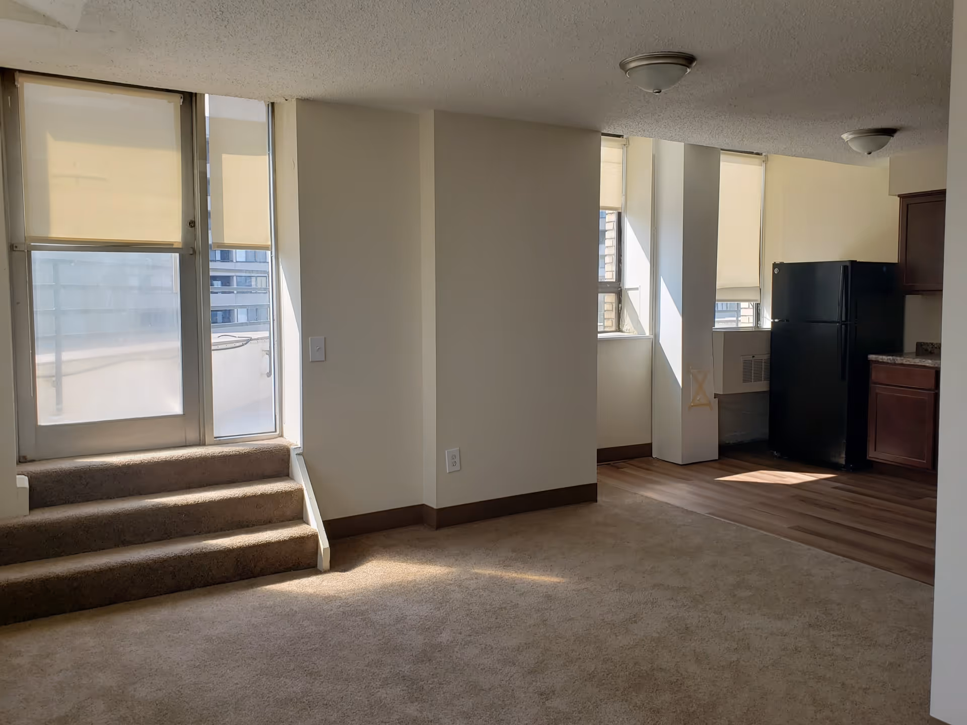 Interior view of an apartment showing a carpeted living area with steps leading to a glass door with window blinds. Adjacent to the living area is a kitchen space with wood flooring, a black refrigerator, and wooden cabinets. Sunlight is coming through the windows with beige roller blinds.