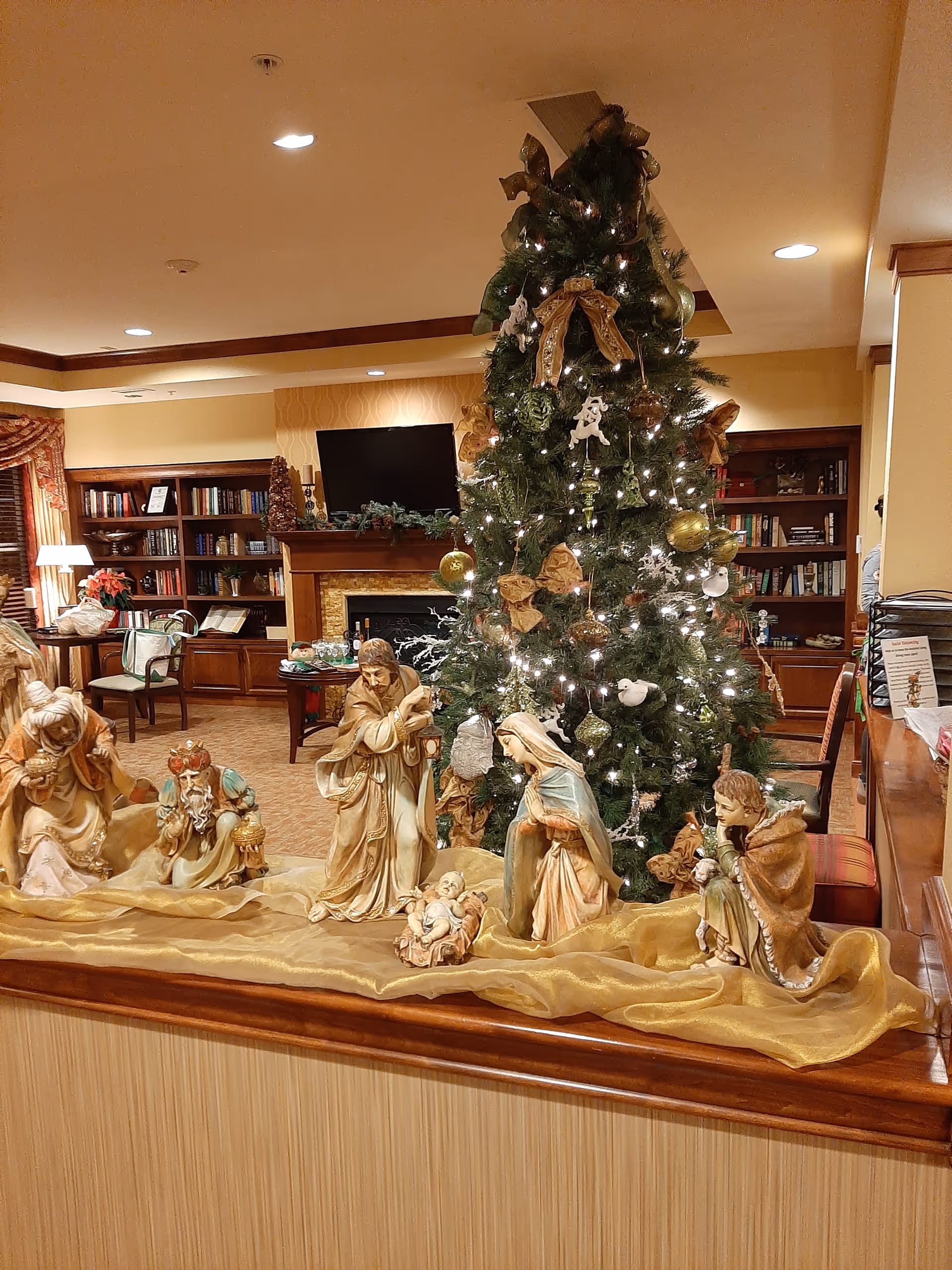 A decorated Christmas tree with white lights and gold ornaments stands in a cozy living room area. In front of the tree is a nativity scene with figurines of Mary, Joseph, baby Jesus, and the three wise men displayed on a wooden ledge with a gold cloth. The background shows bookshelves, a fireplace, a TV, and comfortable seating with warm lighting.