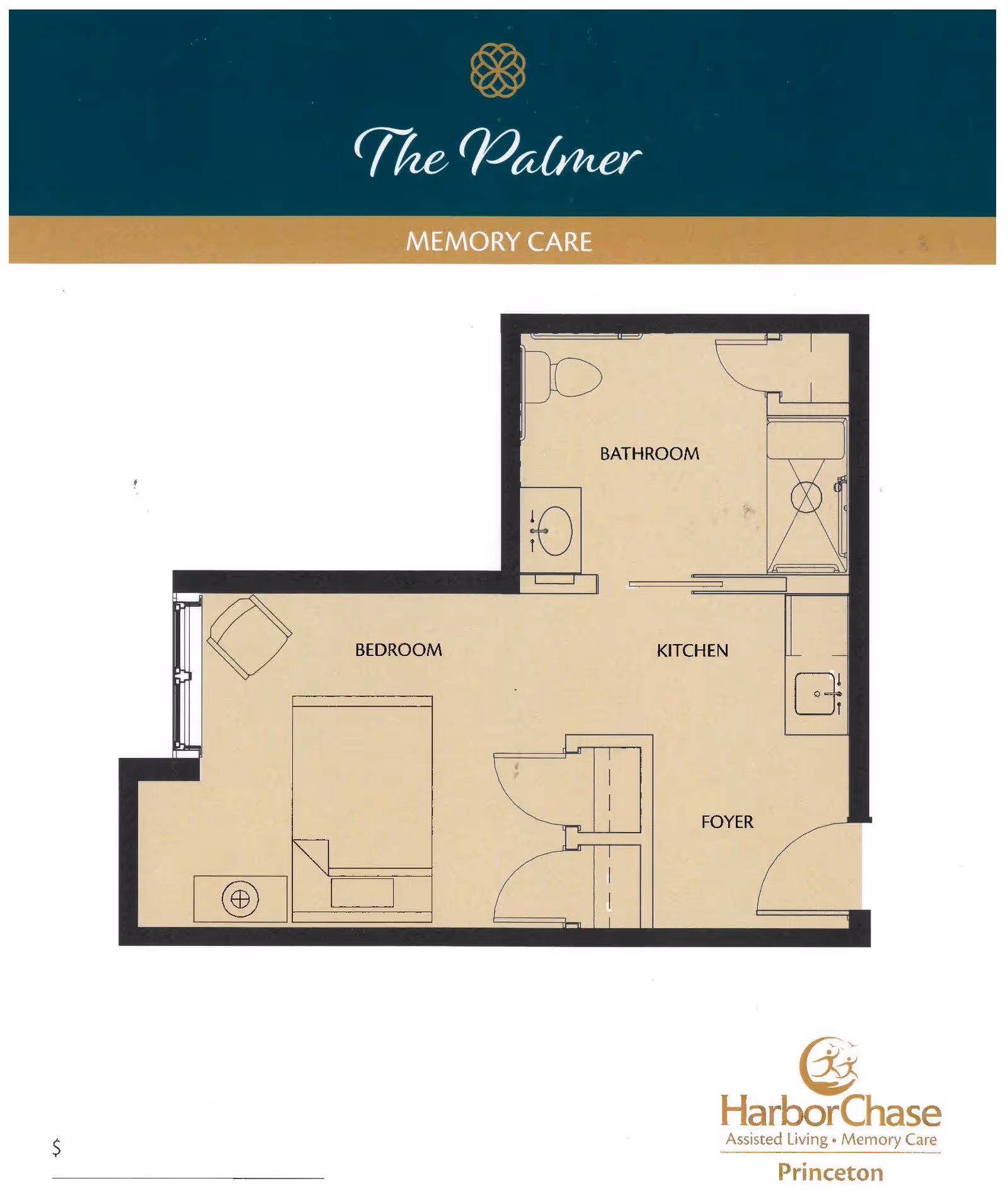 Floor plan of The Palmer memory care unit at HarborChase Of Princeton showing a layout with a bedroom, bathroom, kitchen, and foyer area.