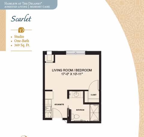 Floor plan diagram of the 'Scarlet' 369 sq. ft. studio showing a combined living room/bedroom, kitchenette, bathroom, and closet.