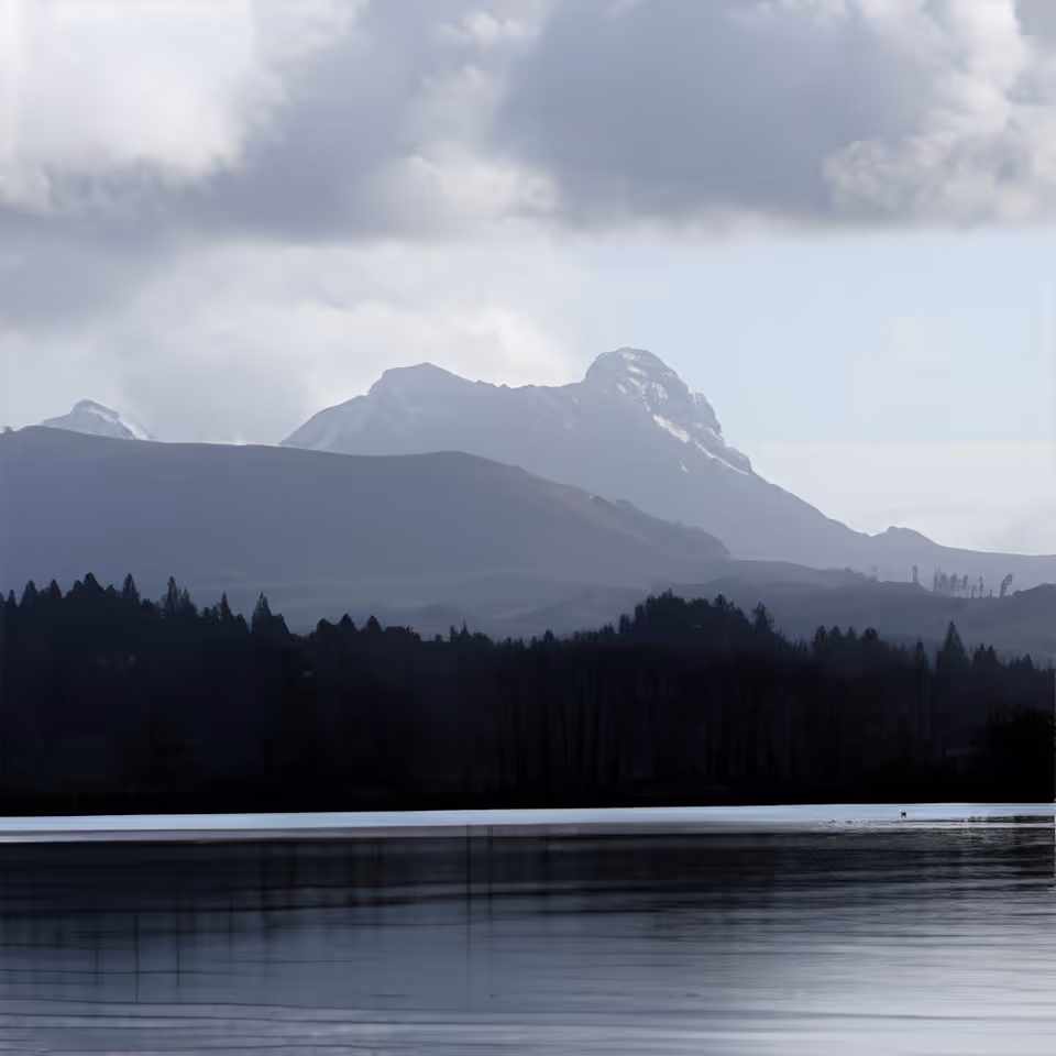 A serene landscape featuring a calm body of water in the foreground, a dense forested area behind it, and a range of mountains in the background under a cloudy sky.